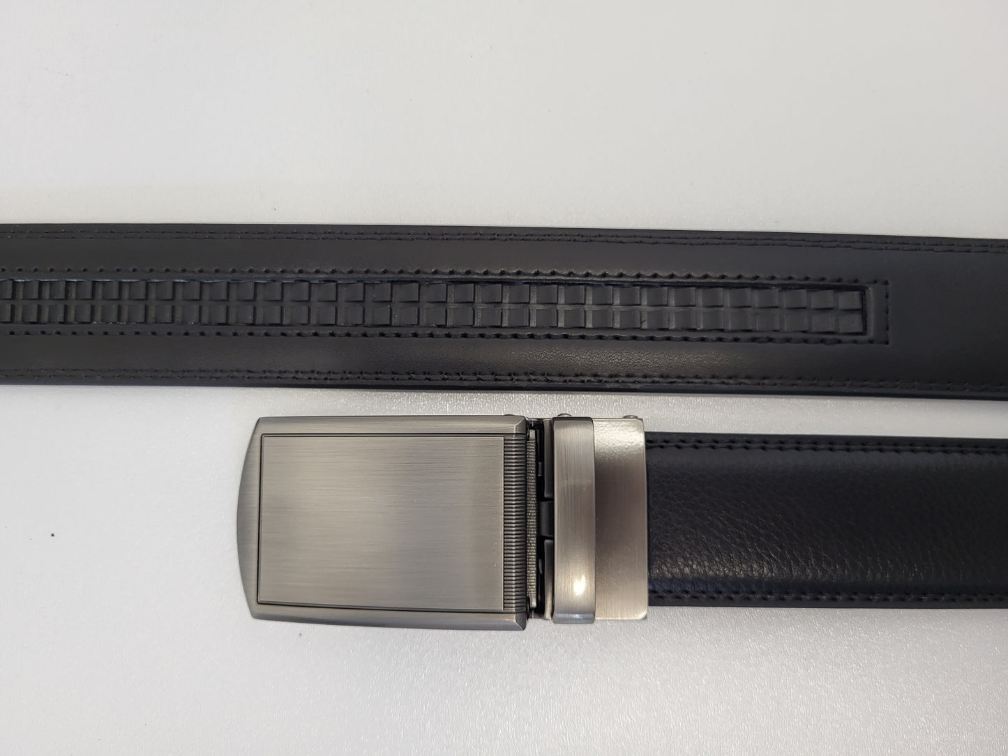 Black Leather Belt with Automatic Silver Buckle