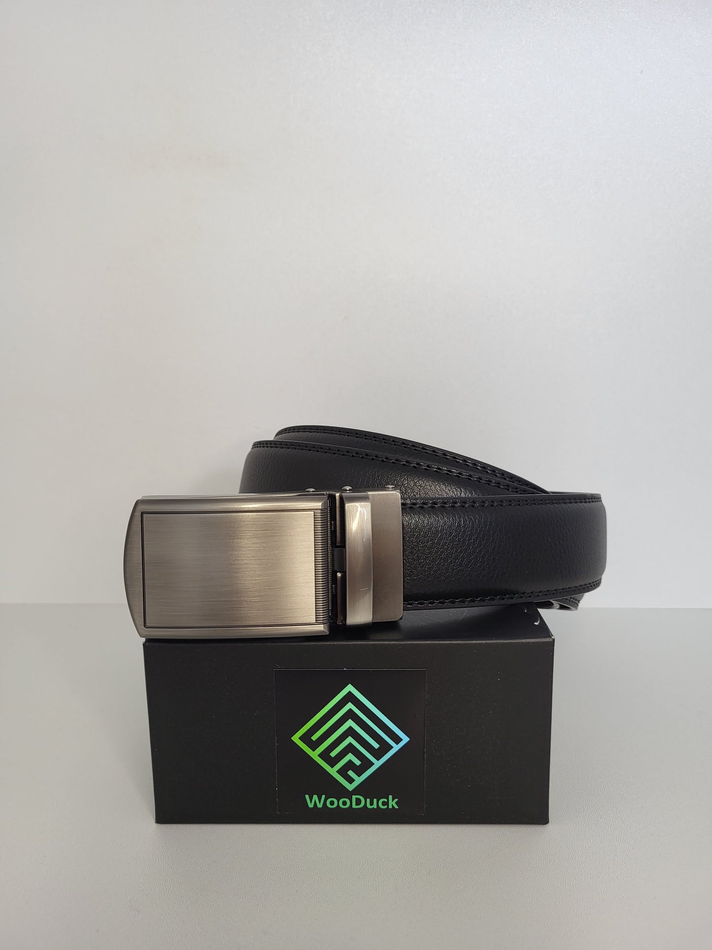Black Leather Belt with Automatic Silver Buckle